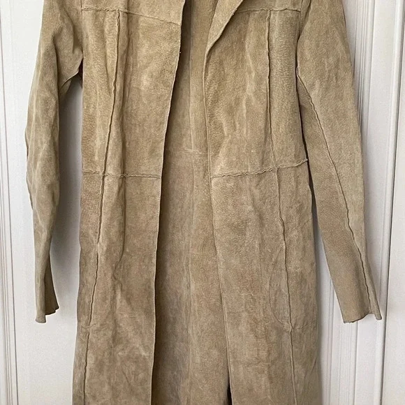 Vintage Blue Asphalt Tan 100% leather Open Front Long Coat Size M - Picture 10 of 16